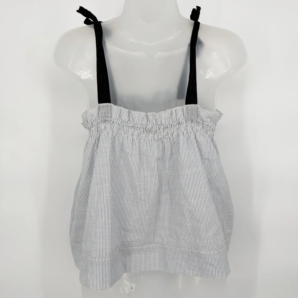St. Roche Sz L 100% Cotton Striped Smocked Tank Top Adjustable Tie Straps Ruffle - Picture 3 of 7